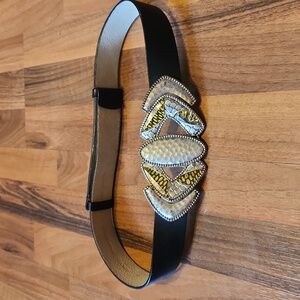 Chico's Black Leather Silver Snakeskin Embossed Clasp Buckle Adjustable Belt S/M